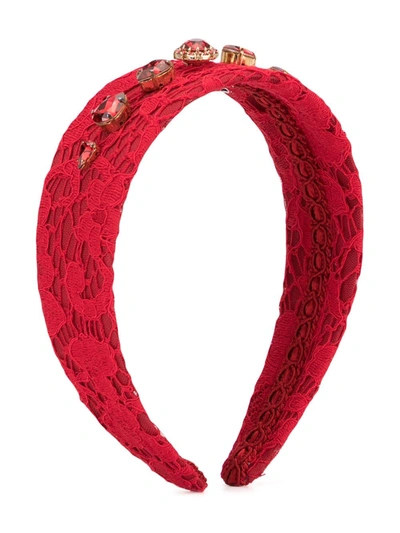 Shop Dolce & Gabbana Bejewelled Lace Headband In Red