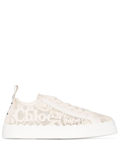 Chloé Lauren Scalloped Leather-trimmed Lace High-top Sneakers In Neutrals