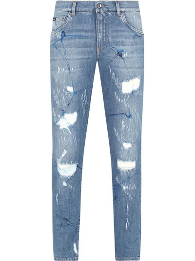 Shop Dolce & Gabbana Graphic Distressed Straight-leg Jeans In Blue