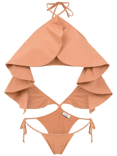 Shop Amir Slama Ruffled Swimsuit In Neutrals