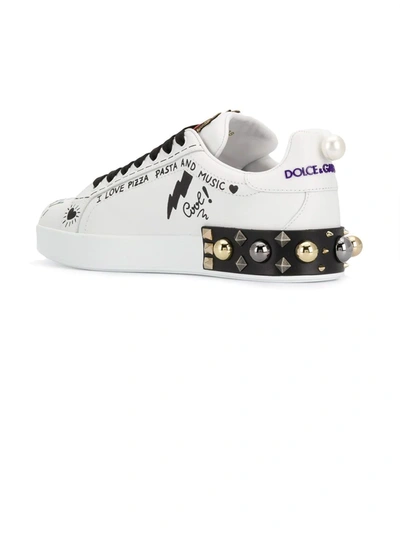 Dolce & Gabbana Music Printed Leather Sneakers With Patch In White