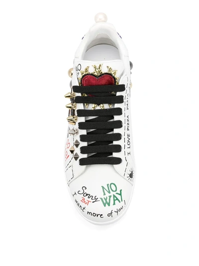 Dolce & Gabbana Music Printed Leather Sneakers With Patch In White
