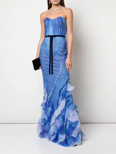 Shop Marchesa Notte Printed Mermaid Gown In Blue