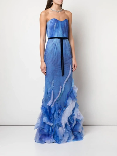 Shop Marchesa Notte Printed Mermaid Gown In Blue