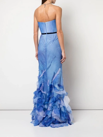 Shop Marchesa Notte Printed Mermaid Gown In Blue