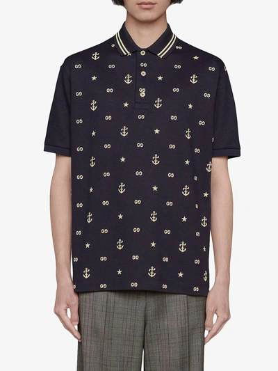 Shop Gucci Symbols Embroidered Polo Shirt In Blue