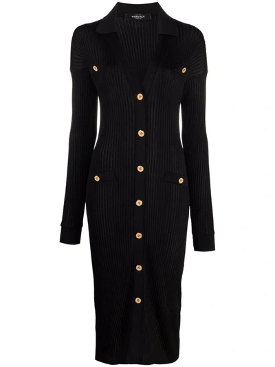 Shop Versace Ribbed-knit Buttoned Dress In Schwarz