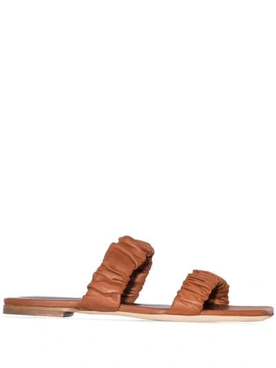 Shop Staud Maya Leather Flat Sandals In Brown