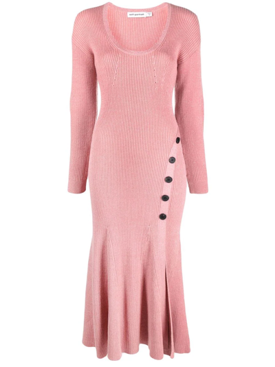Shop Self-portrait Long-sleeve Mid-length Knit Dress In Pink
