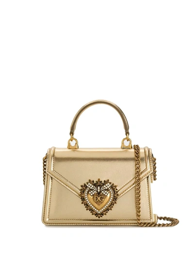 Shop Dolce & Gabbana Small Devotion Leather Top-handle Bag In Gold