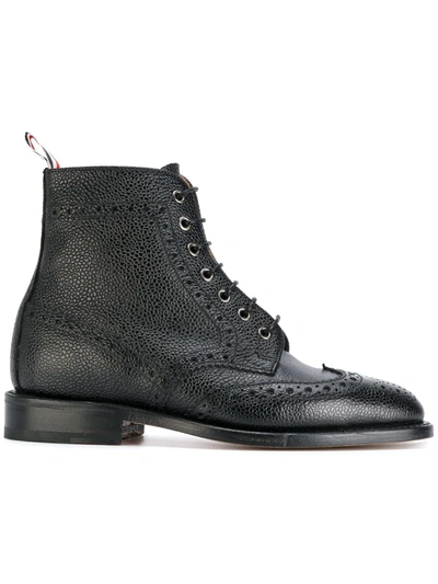 Shop Thom Browne Wingtip Brogue Boot With Leather Sole In Black Pebble Grain