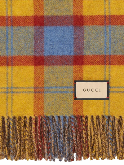 Shop Gucci Gg Checked Wool Blanket In Brown
