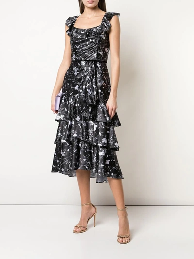 Shop Marchesa Notte Floral Print Tiered Dress In Black