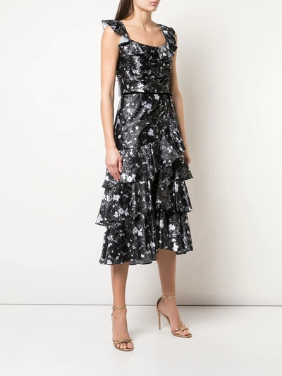 Shop Marchesa Notte Floral Print Tiered Dress In Black