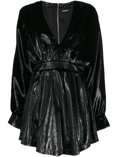 Shop Balmain Long-sleeve Velvety Dress In Black