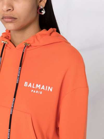 Shop Balmain Flocked-logo Cropped Hoodie In Orange