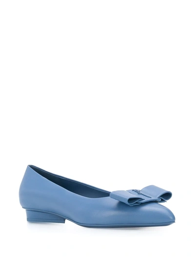 Ferragamo Viva Bow-embellished Leather Point-toe Flats In Blue