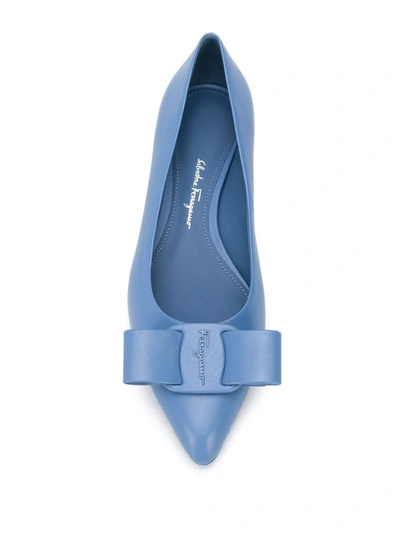 Ferragamo Viva Bow-embellished Leather Point-toe Flats In Blue