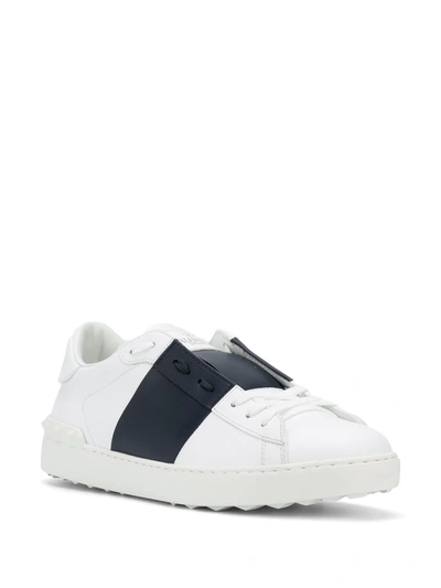 Valentino Navy Blue Leather Open Sneakers With Black Band In White