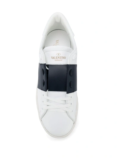 Valentino Navy Blue Leather Open Sneakers With Black Band In White