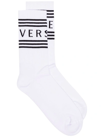 Shop Versace White And Black Logo Stripe Intarsia Cotton Blend Socks