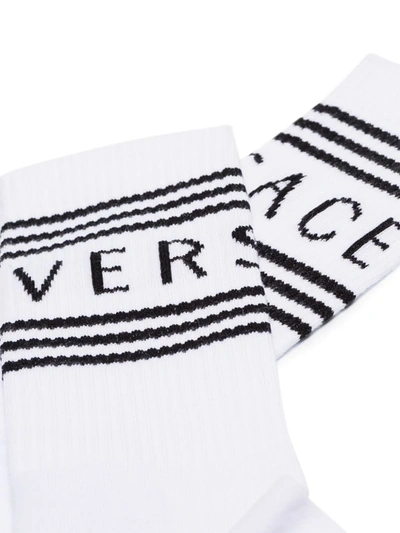 Shop Versace White And Black Logo Stripe Intarsia Cotton Blend Socks