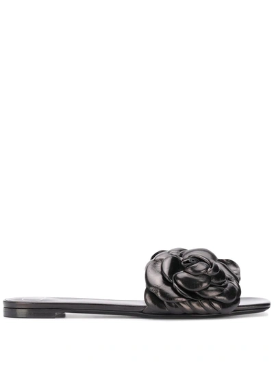 Shop Valentino Floral Appliqué Flat Sandals In Black