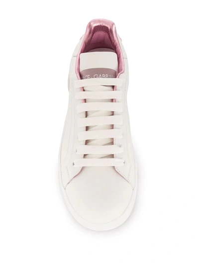 Dolce & Gabbana Portofino White And Pink Low Top Sneakers With Logo In Leather Woman In White