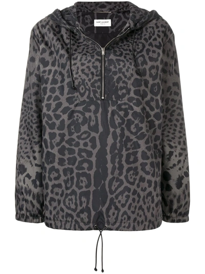Shop Saint Laurent Leopard Print Hooded Bomber In Grey
