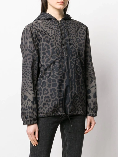 Shop Saint Laurent Leopard Print Hooded Bomber In Grey