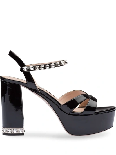 Shop Miu Miu Crystal Embellished Platform Sandals In Black