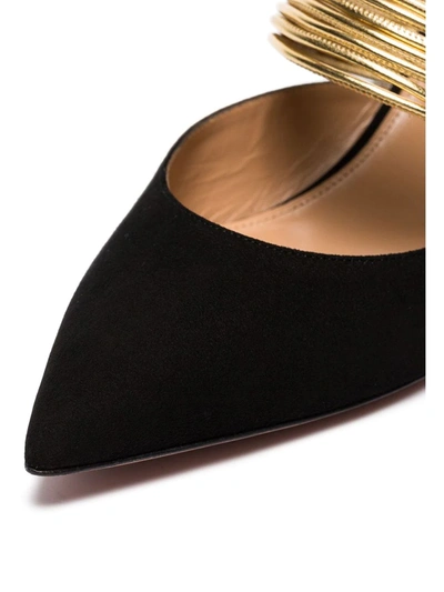 Shop Aquazzura Black And Metallic Gold New Rendezvous 45 Suede Leather Mules