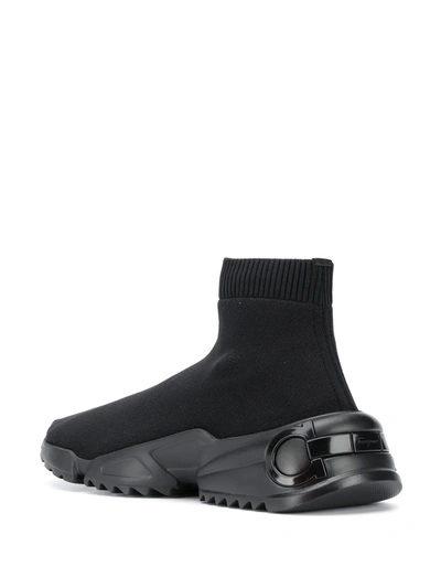 Shop Ferragamo Stretch-knit Sneakers In Black