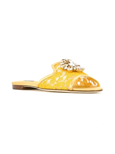 Shop Dolce & Gabbana Rainbow Lace Brooch-detail Sandals In Yellow