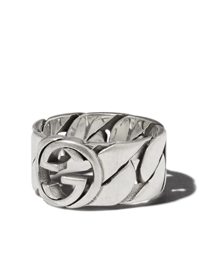 Shop Gucci Interlocking G Wide Band Ring In Silver