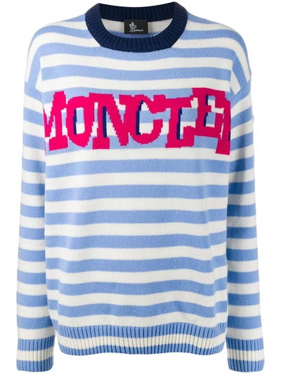 Shop Moncler Striped Logo Knit Sweater In White