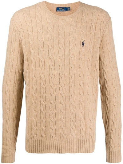 Shop Polo Ralph Lauren Cable Knit Logo Pullover In Brown