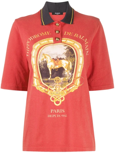 Shop Balmain Equestrian Print Polo Shirt In Red