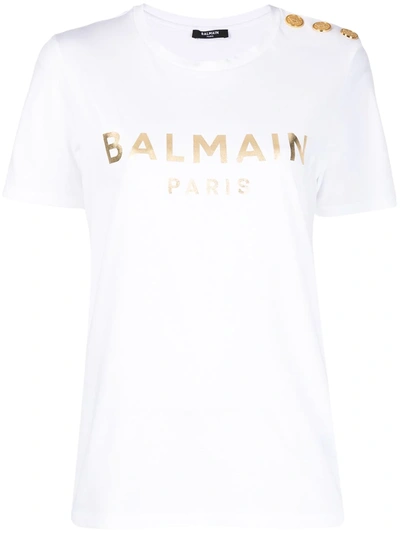 Shop Balmain Metallic-logo Button-embellished T-shirt In White