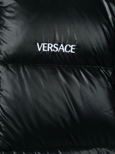 Shop Versace Embroidered-logo Patterened Puffer Jacket In Black