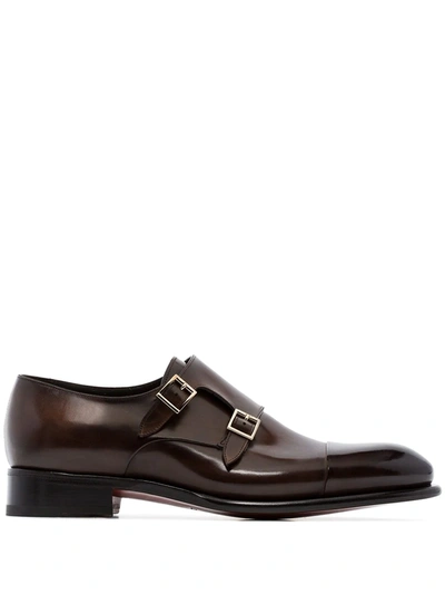 Shop Santoni Double Strap Leather Monk Shoes In Brown