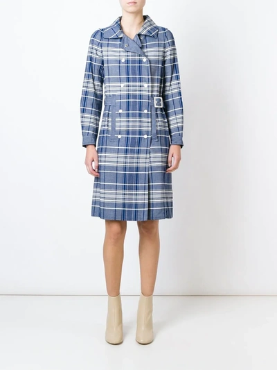 Pre-owned Courrèges 1970s Checked Trench Coat In Blue