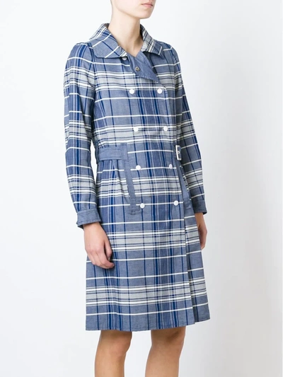 Pre-owned Courrèges 1970s Checked Trench Coat In Blue
