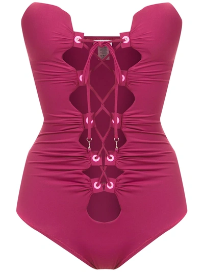 Shop Amir Slama Lace Up Detail Swimsuit In Pink