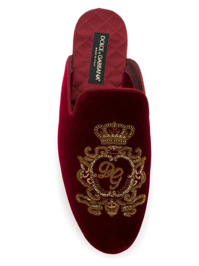 Shop Dolce & Gabbana Embroidered Velvet Slippers In Red