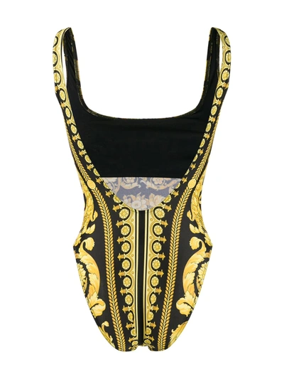 Shop Versace Barocco Print Swimsuit In Black ,gold