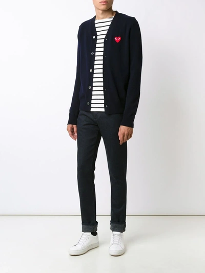 Comme Des Garçons Play Lambswool Cardigan With Red Emblem In Blue
