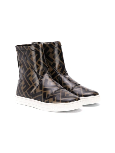 Shop Fendi Ff Logo-print Boots In Brown