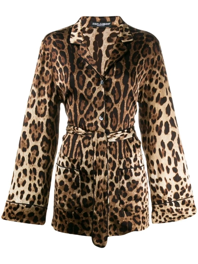 Shop Dolce & Gabbana Leopard-print Belted Pajama Shirt In Brown