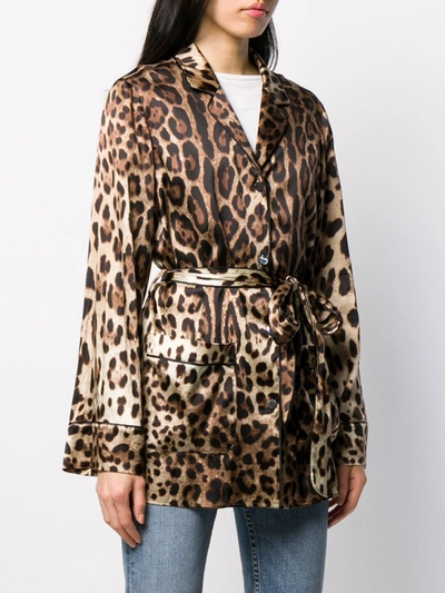 Dolce & Gabbana Diva Belted Leopard-print Silk-blend Satin Pajama Shirt In Brown